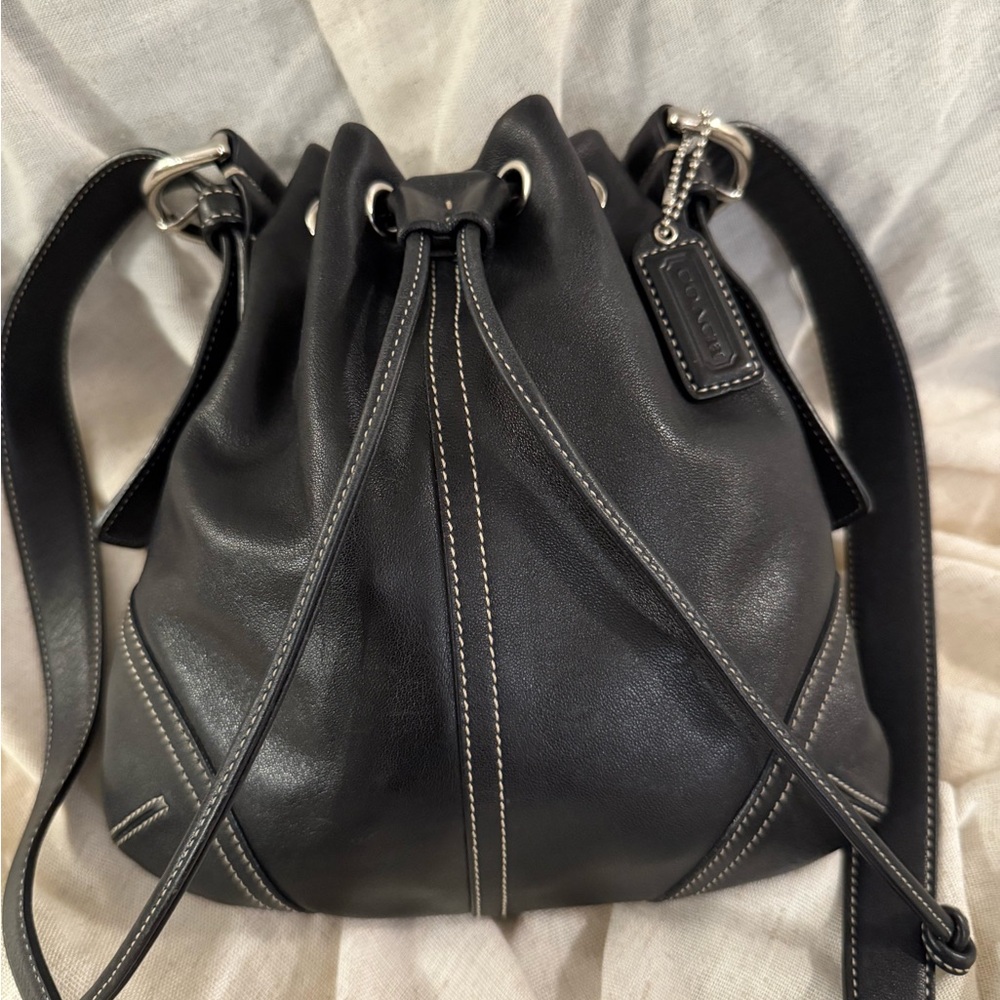Coach Black Leather Drawstring Bag